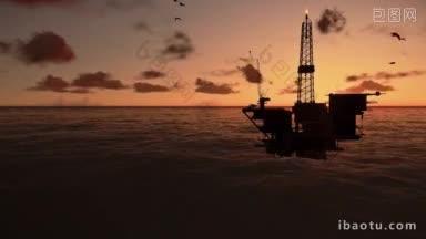 石油钻塔在海洋美丽的时间流逝日出
